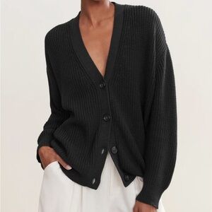 Jenni Kayne Cotton Cocoon Black V-Neck Button Front Knit Cardigan Sweater XS